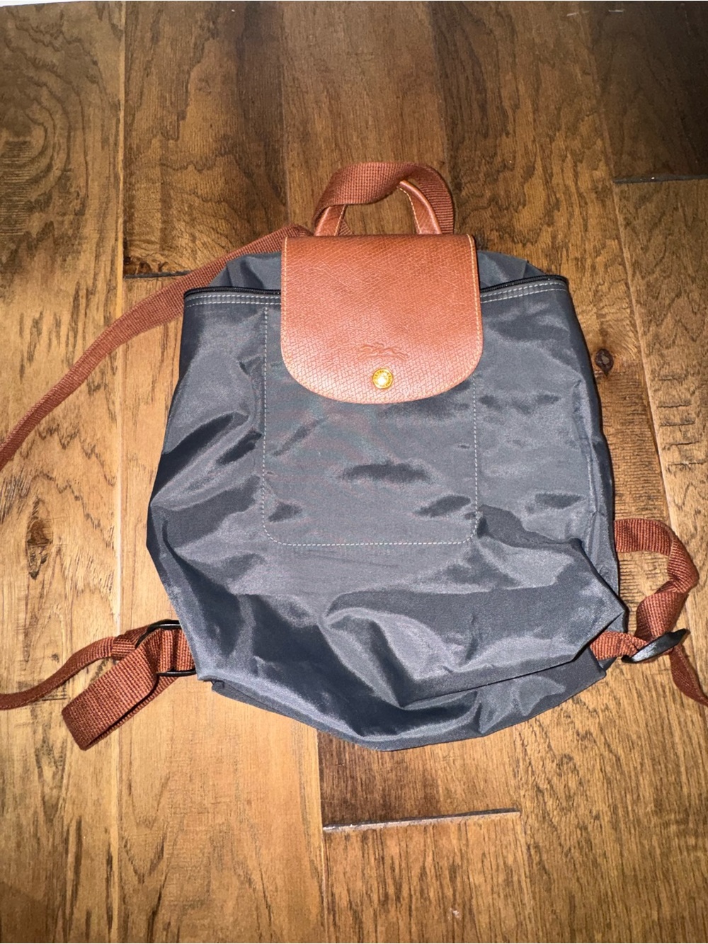 Authentic Longchamp Le Pliage Gray Nylon Backpack Brown Leather Trim